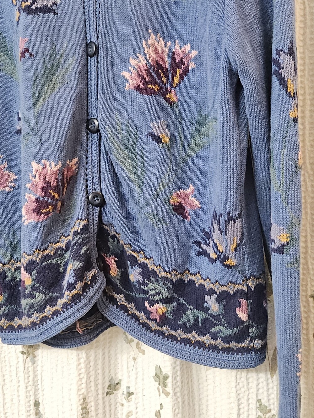 Coldwater Creek Vintage Blue Floral Knit Cardigan Sweater Medium Cottagecore - Picture 6 of 16